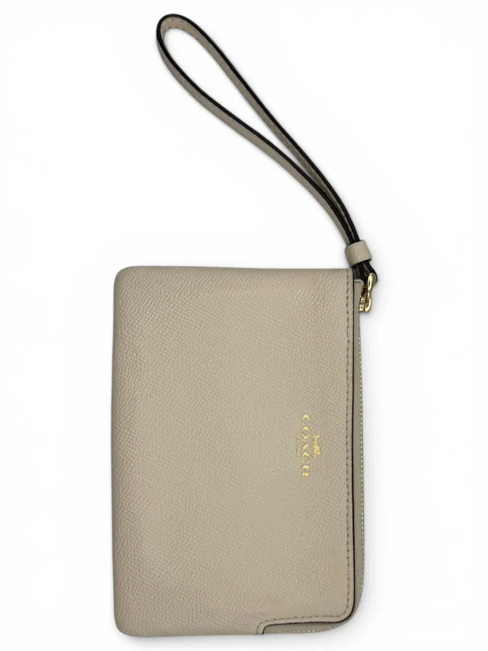 Coach Pebbled Leather Wristlet in Light Beige with Gold Logo